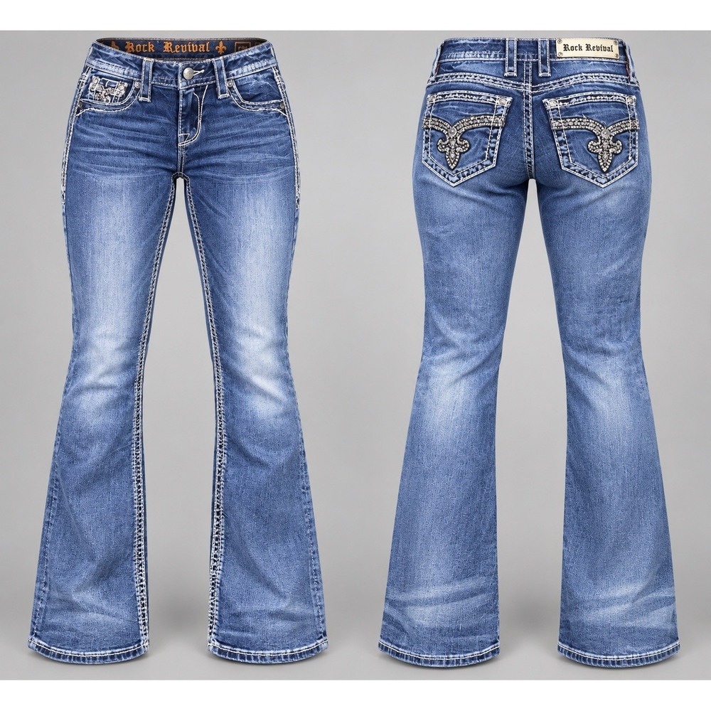 RockRevival Jeans Womens 27x32levey medium boot Rhinestone aztec embroidered Y2K
